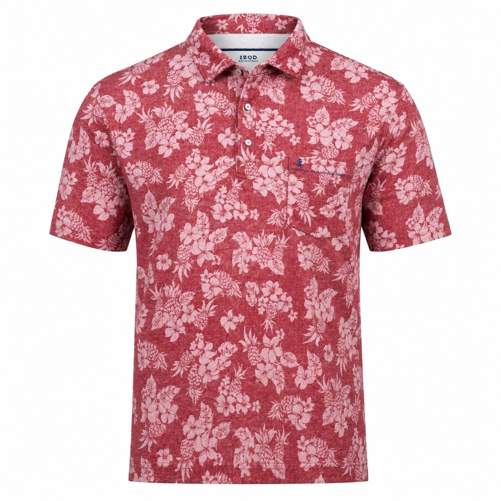 IZOD Saltwater Polo Shirt Men 2XL Red Tropical Pineapple Floral Pocket Short Slv